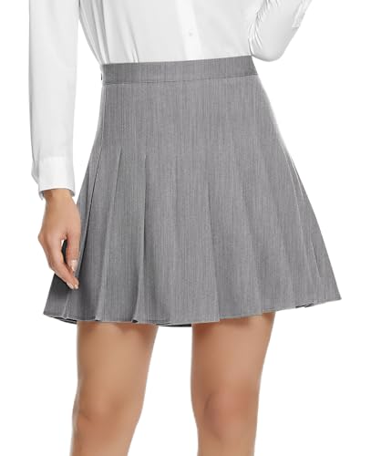 EXCHIC Damen College Schule A-Linie Falten Mini Rock Lässig Hohe Taille Skater Röcke mit Kurz Unterhosen (XL, Grau)