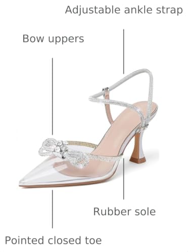 Image of Susanny Women's Closed Toe Rhinstone Wedding Low Heel Slingback Clear Kitten Heels,Adjustable Strap Pointed Toe Bow Pumps High Heeled Prom Dress Shoes