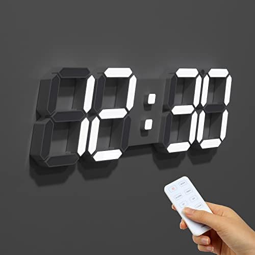 mooas 3D LED Wall Clock Big Plus White with Remote Control, 15 inch LED Clock, Modern Wall Clock, 12/24 Time/Date Display Alarm Clock, Brightness Adjustable,Temperature