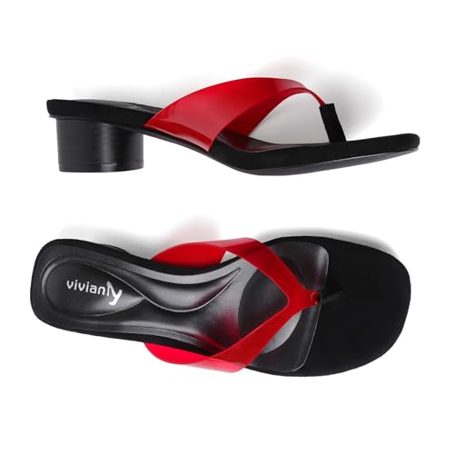 Image of vivianly Women's Suede Low Chunky Block Heel Flip Flops Square Toe Thong Heeled Sandals Casual Slip On Mules for Work Beach Casual Outings