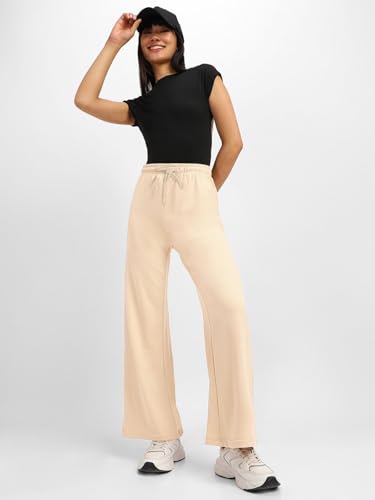 Image of JUNEBERRY Wide Leg Track Pants for Women & Girls (Pure Cotton, Bootcut, Regular Fit, High Rise Trouser, Drawstring, Available in Black, Brown, Navy, Olive Green, Lilac, Beige)