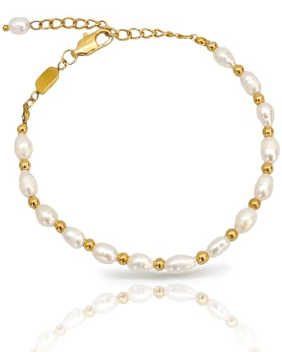 Altitude Boutique Freshwater Pearl Bracelet for Women | Natural White Pearl Chain Bracelet with Gold Beads | 18K Gold or Silver Plated Stainless Steel Chain, Adjustable, Hypoallergenic, Waterproof