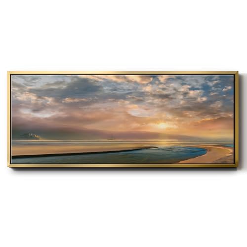 Renditions Gallery Floater Framed Canvas Home Decor Coastal Sunset with Clouds Painting Hanging Decoration for Bedroom Office Lounge - 12"x30" Gold Frame LT611