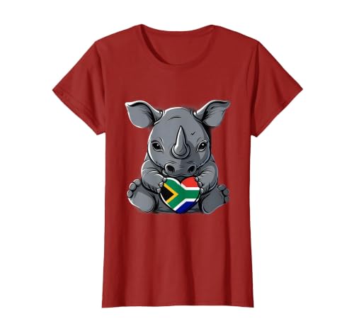 South Africa Flag Cute Rhino Heart South African Pride T-Shirt, Women, Cranberry Red, Medium