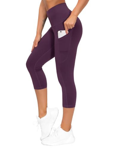 Image of THE GYM PEOPLE Thick High Waist Capris Yoga Pants with Pockets, Tummy Control Workout Running Yoga Leggings for Women