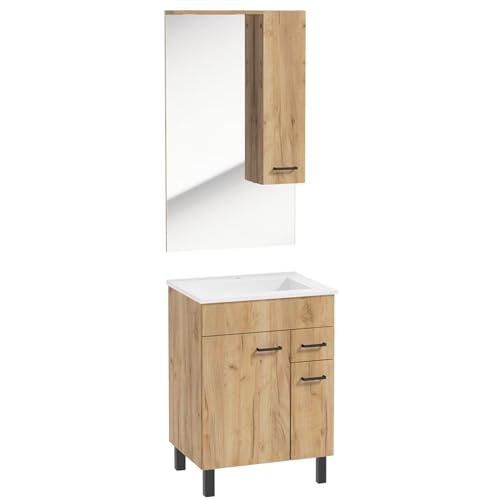 .Deftrans Domodomo Badschrank mit Waschbecken und Spiegel 104 cm, Waschbeckenschrank 85 x 60 x 40 cm, Keramik-Waschbecken-Set, Badmöbel-Set