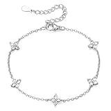 Emibele Silver Bracelet for Women, Copper Four-leaf Clover Charm Bracelet with Cubic Zirconia Non Tarnish, Adjustable Lobster Clasp Hand Chain, Dainty Flower Charm Jewelry Gifts for Women