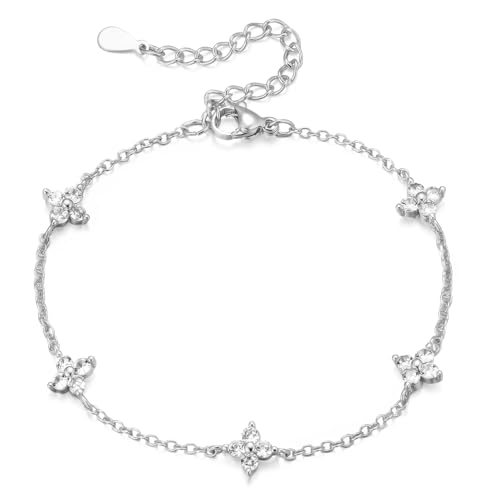 Emibele Silver Bracelet for Women, Copper Four-leaf Clover Charm Bracelet with Cubic Zirconia Non Tarnish, Adjustable Lobster Clasp Hand Chain, Dainty Flower Charm Jewelry Gifts for Women