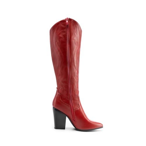 Image of DREAM PAIRS Cowboy Boots For Women, Comfortable Pull On Zipper Chunky Heel Pointed Toe Embroidered Western Cowgirl Knee High Boots