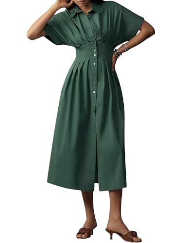 Image of Women Striped Button Down Shirt Maxi Dresses Summer Pleated Short Sleeve Collar Casual Corset Long Dress