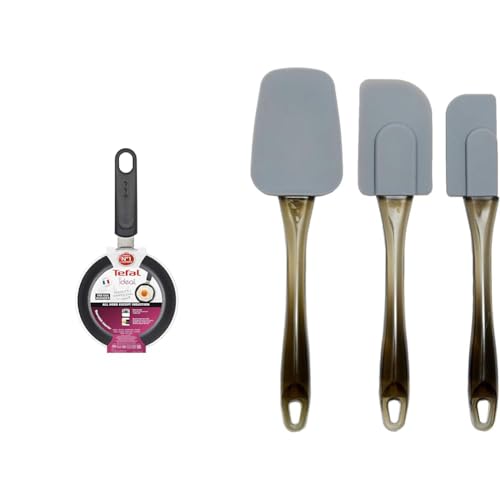 Tefal Ideal Mini One Egg Wonder Non-Stick Frying Pan, 12 cm, Non Induction, Black,Package May Vary & Amazon Basics 3 piece Spatula, Silicone, Small, Grey