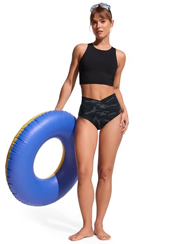 Image of CRZ YOGA V-Shaped High Waited Bikini Bottoms | Mid Cut Leg, Medium Bum Coverage, Cross Front, Swim, Bathing Suit Briefs for Women