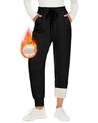 CAMPSNAIL Warme Damen Jogginghose Gefütterte mit 2 Taschen Kordelzug Winter Fleece High Waist Lange Sportleggins Trainingshose Freizeithose Sweathose（Schwarz,L）