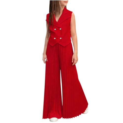 Girls Summer Clothing Set, Double Breasted Sleeveless Blazer Vest with Pleated Wide Leg Pants 2 Piece Outfits for 2-9 Years