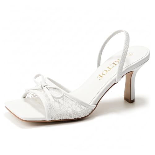 Image of Bow Kitten Heels for Women Square Toe Mesh Sandals Knots Heels for Wedding Party