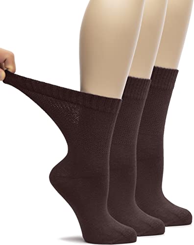 Hugh Ugoli Women's Rayon Loose Fit Diabetic Crew Socks, Seamless Toe & Non-Binding Top for Swollen Feet, Soft, Extra Wide and Stretchy, 3 Pairs, Brown, Shoe Size: 10-12