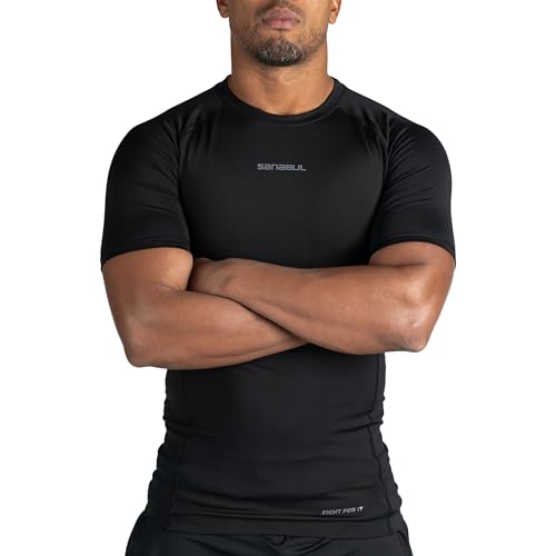 Sanabul Model Zero Rash Guard Short Sleeve Compression Shirts for Men | Compression Shirt for MMA BJJ | Cross Training Rash Guard | Sports Workout Undershirt T Shirt | Small, Black/Charcoal