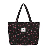 YAMEIZE Bolsa de mano de fresa para mujeres y niñas, bolsos grandes de cereza, bolsas de hombro con bolsillos para la universidad, trabajo, viajes, compras, Negro y cereza, Large
