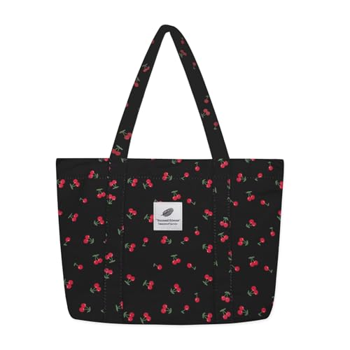 YAMEIZE Strawberry Tote Bag for Women Girls Cute Cherry Large Shoulder Bags with Zipper for College Work Travel Shopping