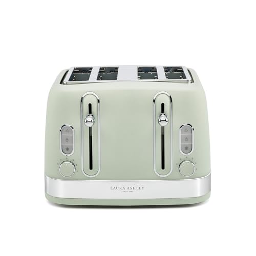 Laura Ashley Sage Leaf 4 Slice Toaster with Wide Slots - Easy to Use Multi Functional Bread Toaster 4 Slice with High Lift Lever, 7 Browning Levels, Independent Dual Controls, Defrost & Reheat Modes