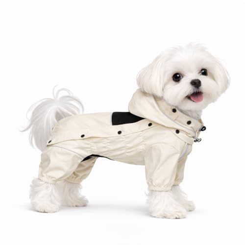 LOVELONGLONG Waterproof Dog Raincoat with Removable Hood Outdoor Full Body Dog Jacket Windproof Snowproof Shell Suit All Season Pet Rain Gear Ivory XXS