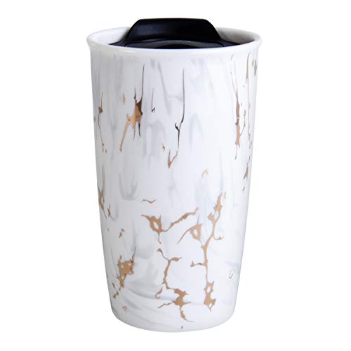 ANTIS'S HOME Ceramic Travel Mug with Lid, Flower Pattern Beige Double Wall Coffee Mug Tumbler, Reusable Tall Cup, Splash Resistant Lid, Dishwasher Microwaveable Safe Beige Flower