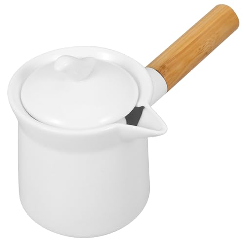 BESTonZON Ceramic Milk Warmer Pot 350ml Enamel Pan Non-stick Saucepan With Lid Porcelain Coffee Pot Food Bowl Butter Warmer With Wooden Handle for Heating Liquid Appetizer