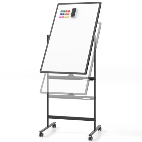 SFAREST Double Sided Magnetic Whiteboard, Height Adjustable Flip-Up Dry Erase Board with Black Markers, Eraser, Magnets & Marker Tray, Mobile Standing White Board for Home Office (Black, 90 x 60cm)