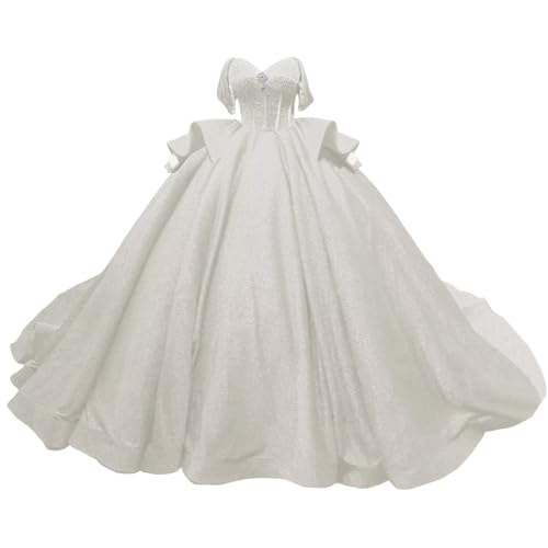 TRHTX Lurex Quinceanera Dresses with Train Puffy Off Shoulder Layered Sweet 16 Dresses Sparkly Beaded Long Ball Gown