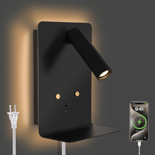 Image of ZEROUNO LED Dimmable Wall Mounted Reading Light, Backlight Night Wall Lamp, Adjustable Headboard Plug in Wall Sconce with USB C+A Ports, LED Reading Light for Bedroom Bedside Lamps
