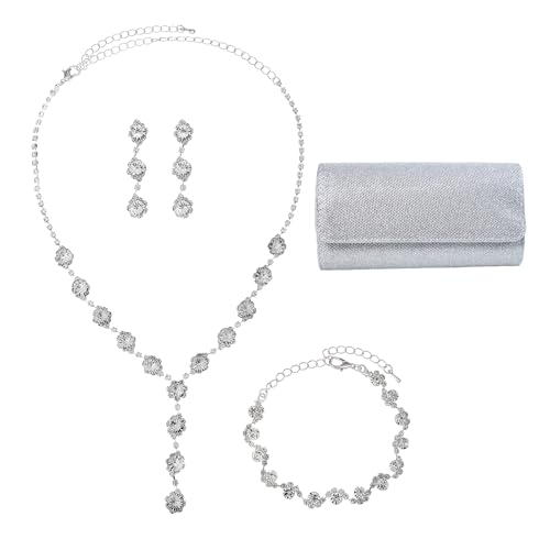 GWAWG Set de Bijoux Scintillants Avec Strass Collier Boucles d'oreilles Bracelet Sac d'embrayage Argent pour Mariages Mariés Accessoires de Bijoux pour...
