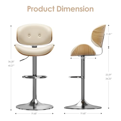 Image of Adjustable Swivel Bar Stools Chair,Counter Height Bar Stools with Back,350 LBS PU Leather Bar Stool for Kitchen Island,Upholstered Pub Stools with Footrest (Beige, Set of 3)