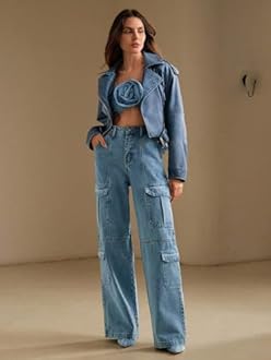 GRECIILOOKS Cargo Jeans for Women – Wide Leg High Waist Baggy Denim Pants | Casual Fit Trousers with Utility Pocket Design