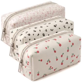 3pcs Pencil Case for Girls, Large Capacity Pencil Cases Flowers, Cute Pencil Pouch, Personalised Big Oencil Cases, Fabric Pencilcase Essentials School Supplies Stationery Organizer (Black+Red+Pink)