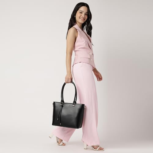 Image of Structured Tote Bag for Women | Faux Leather Handbag with 3 Compartments, Outer Pockets, Utility Section & Detachable Straps | Elegant Everyday Tote for Office, Errands & Travel