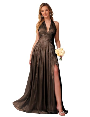 Image of Shimmer Chiffon Bridesmaid Dresses for Women Long | Deep V Neck,Pleated,Knotted,Empire Waist,with Slit,Breathable,Lightweight,Flowy,Formal Evening Dress