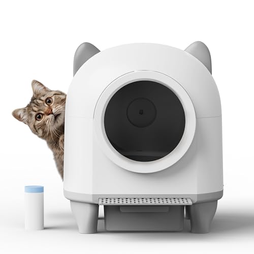 Automatic Self Cleaning Litter Box, 80L Large Capacity Automatic Cat Litter Box with App Control for Multiple Cats, Odor Control & Safety Protection, 1 Roll Waste Bag and Mat Included (White+Grey)