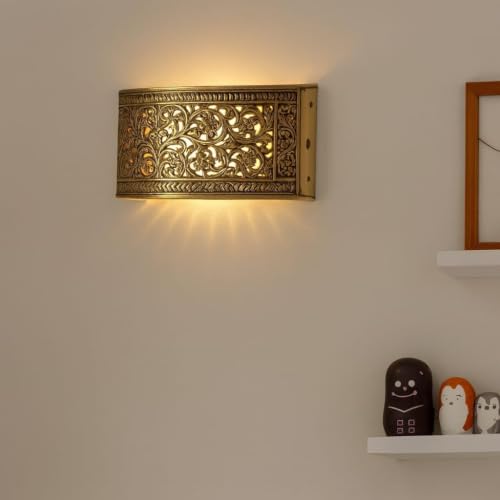 Image of Decorative Wall Brass Light, Carved Metal Design, Warm Ambient Lighting