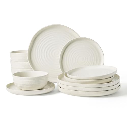 Image of Famiware Pluto Stoneware Dinnerware Sets, 12-Piece Double Reactive Glaze Plates and Bowls Sets, Dishware Sets for Everyday & Formal Dining, Irregular Edge Dishes, Service for 4, Matte Beige White