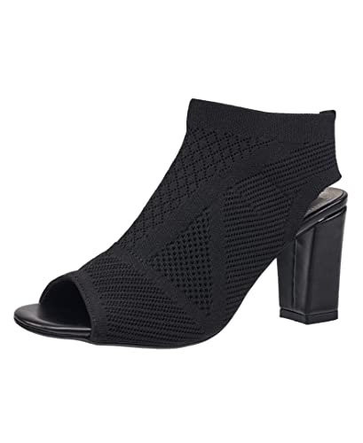 French Connection Women's Velancy Open Toe Booties Comfortable Work Fall Winter Fashion Shoes Slip On Heeled Ankle Boots for Women with Soft Knit Uppper