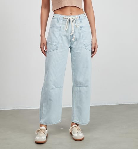 Ladyful Striped Barrel Jeans Women High Waisted Baggy Jeans Wide Leg Denim Pant with Eyelet Drawstring2