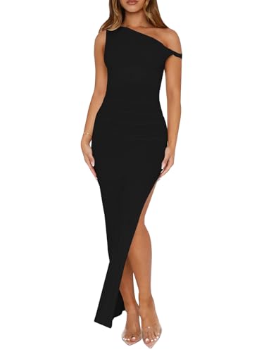 Ekaliy Women's Sexy Ruched Bodycon Dress Sleeveless Off Shoulder Slit Cocktail Maxi Dresses