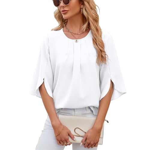 LEKOPUR Weiße Oberteil Damen Elegant 3/4 Arm Bluse Tunika Chiffon...