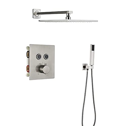 Colonne de douche thermostatique nickel brossé avec mitigeur bain 3 voies et tête de 30 cm