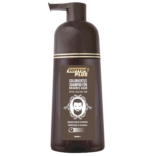 Softto+Plus Brown Hair Champú para cabello blanco y gris en solo 10 minutos, sin manchas, incluye guantes, para hombre y mujer, 350 ml de contenido/marrón