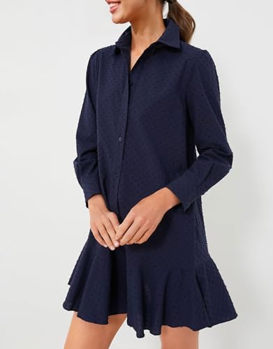Image of YEXPINE Tunic Mini Dresses for Women Button Down Smocked Short Dresses Long Sleeve Swiss Dot Callahan Shirt Dress, Large
