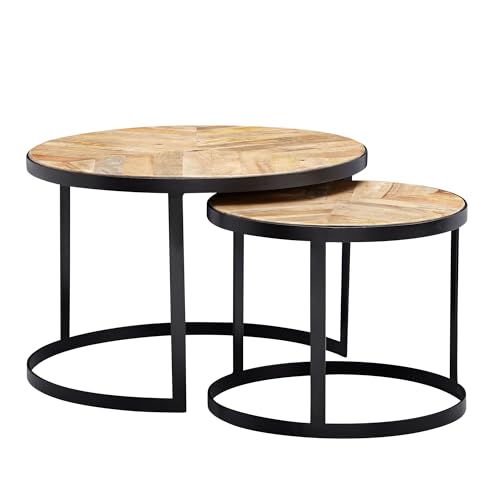 Wohnling Couchtisch 2er Set Massivholz/Metall Wohnzimmertisch Industrial Rund, Beistelltisch mit Metallbeine Schwarz, Tischset 2-teilig Satztisch Holz