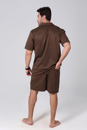 ALiVE Men's Pacific Short Sleeve Shirt with Shorts Linen Set, Size M - Brown