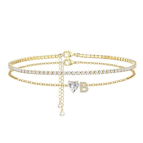 Image of Gold Initial Ankle Bracelets for Women 14K Gold Plated CZ heart Tennis Anklets for Women Waterproof Layered Adjustable Letter Anklets Large Ankle Summer Beach Foot Jewelry