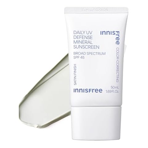 innisfree Daily UV Defense Mineral Sunscreen Broad Spectrum SPF 45 with Hyaluronic Acid, Korean Sunscreen for Face with Color Correcting Green Tint Cover